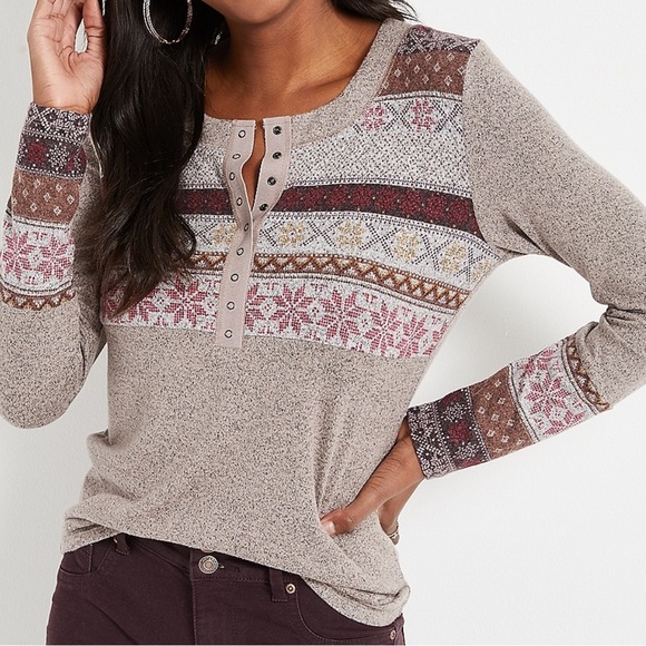 Maurices Tops - Maurices 24/7 Brown Fair Isle Heartland Henley Tee